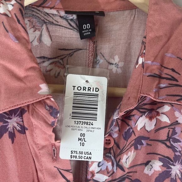 Torrid Pink Floral Print Asymmetrical Hem Belted Button Down Dress Sz 00 - Picture 8 of 9